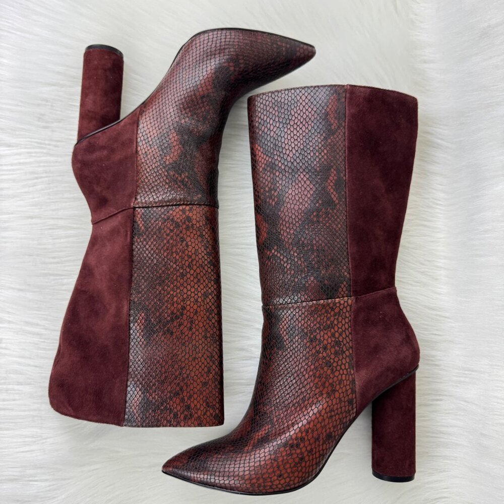 New Women's 42 Gold Kolby Mid Calf Boots Booties Size 8.5 Brunette Snake Suede - Picture 3 of 14